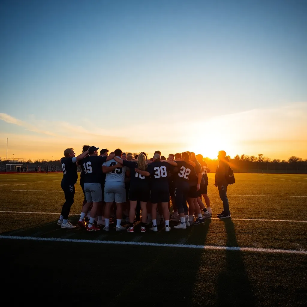 Celebratory team huddle on a football field at sunset.