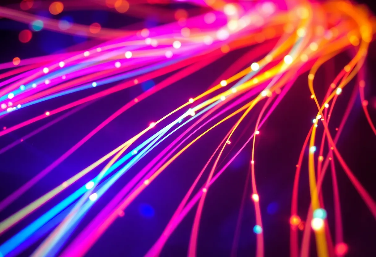 Vibrant fiber optic cables glowing in a digital landscape.