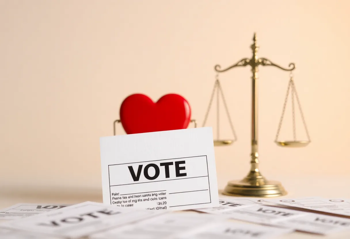 Voting ballots with symbolic heart and scales in background.