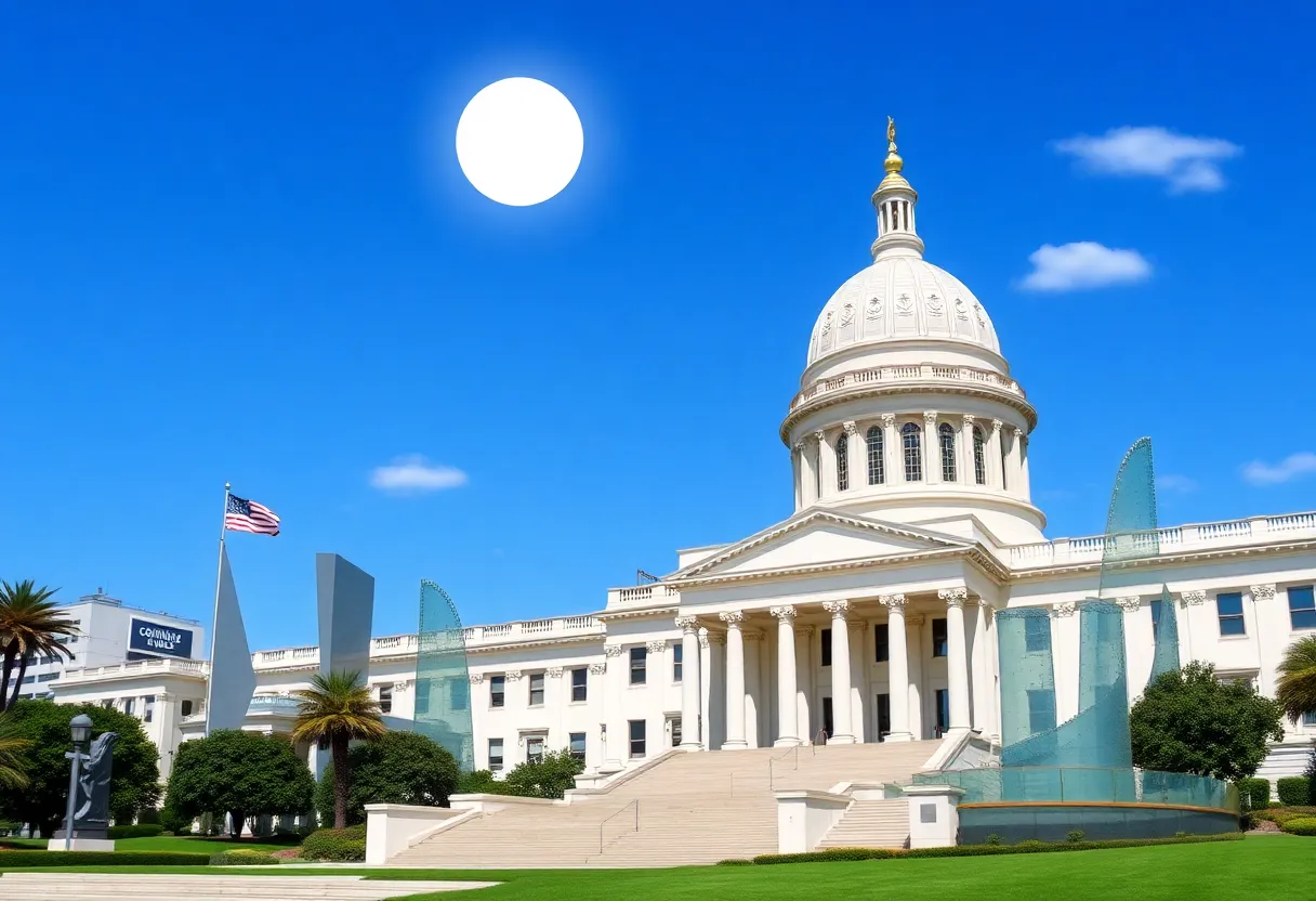 Sunshine capital with lobbying symbols and state landmarks.