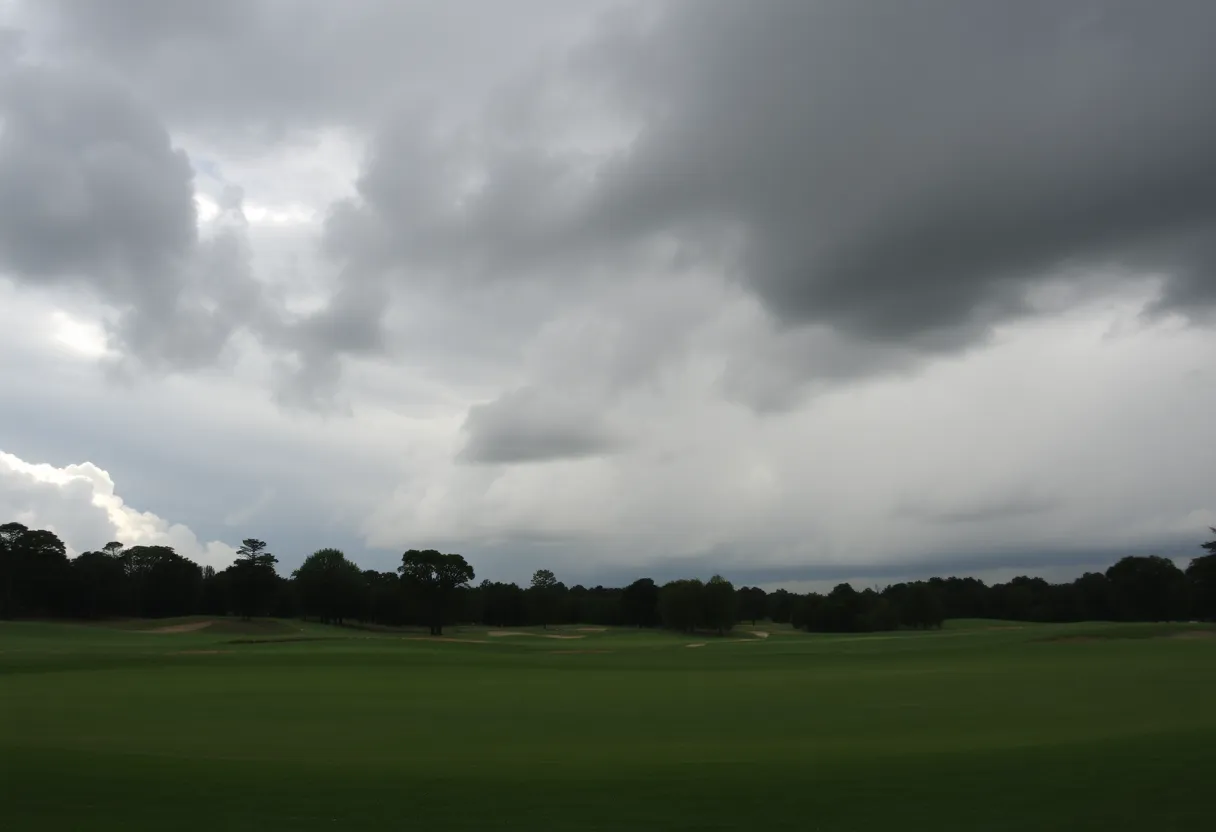 Serene golf course with ominous dark clouds overhead.