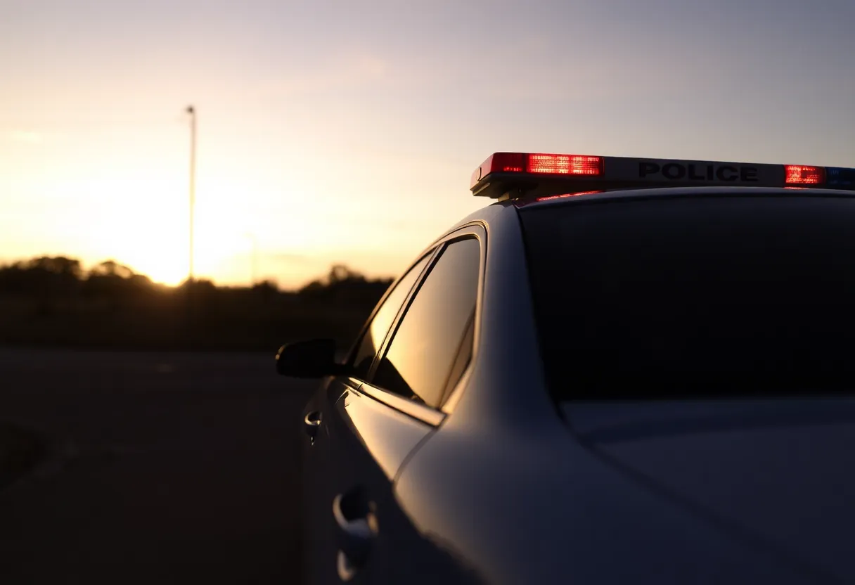 Empty police cruiser at sunset, reflecting a somber mood.