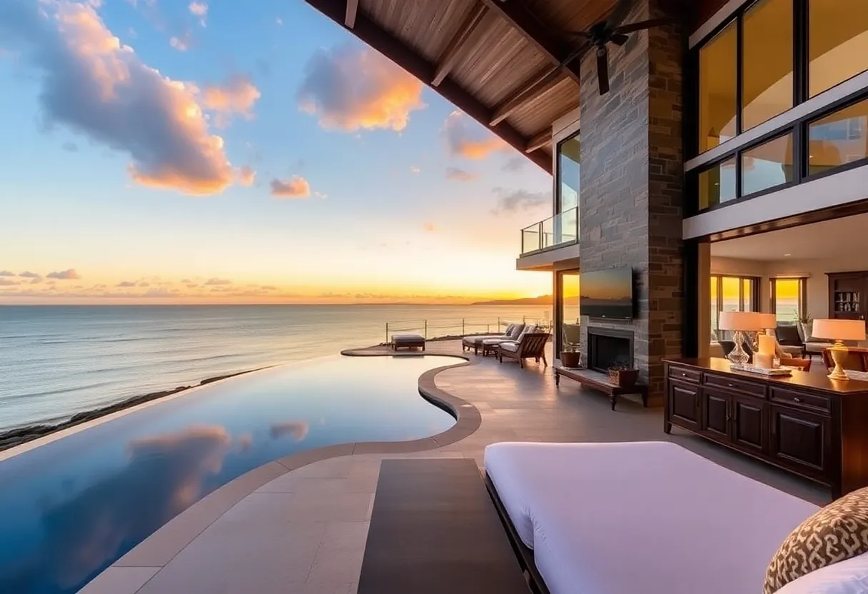 Luxurious oceanfront mansion with stunning sunset views.