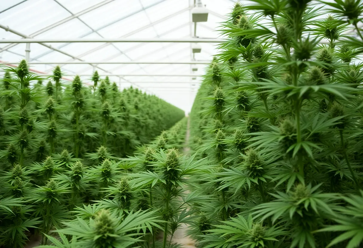 Rows of green cannabis plants in a bright greenhouse.