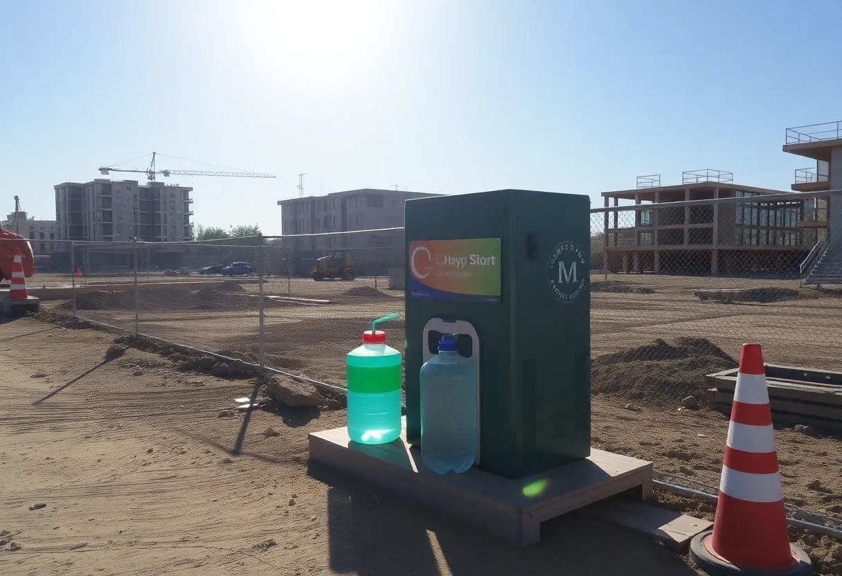Construction site hydration station under a bright sun.