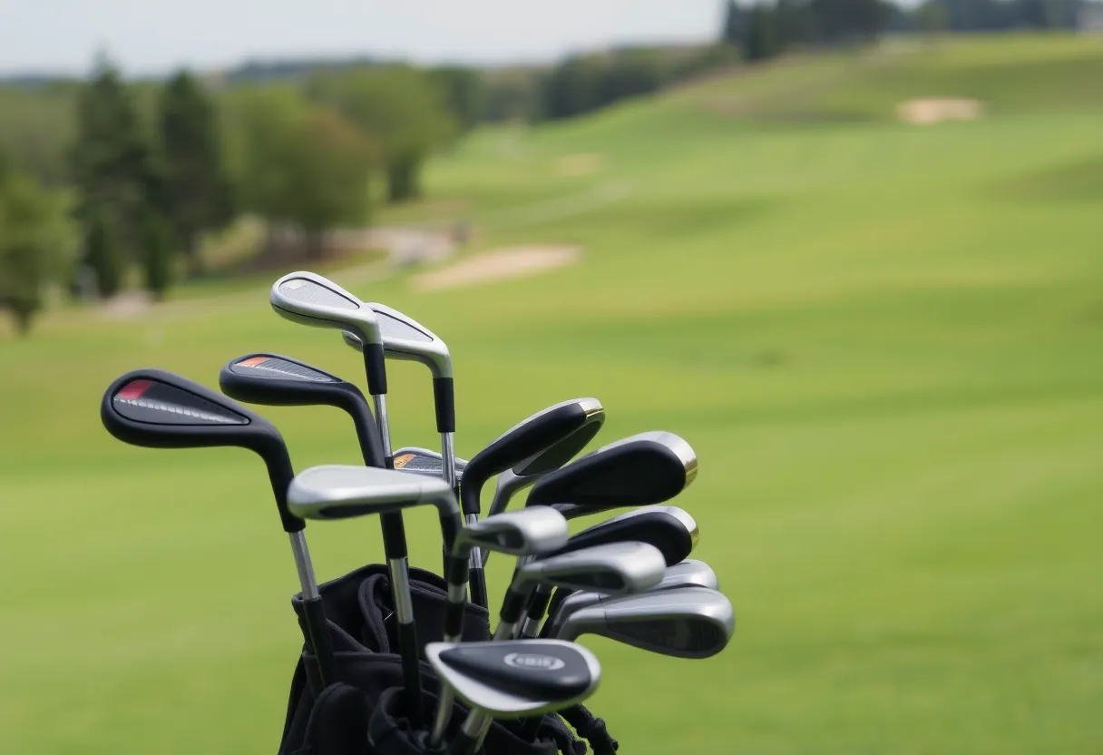 Golf clubs leaning against a serene golf course backdrop.