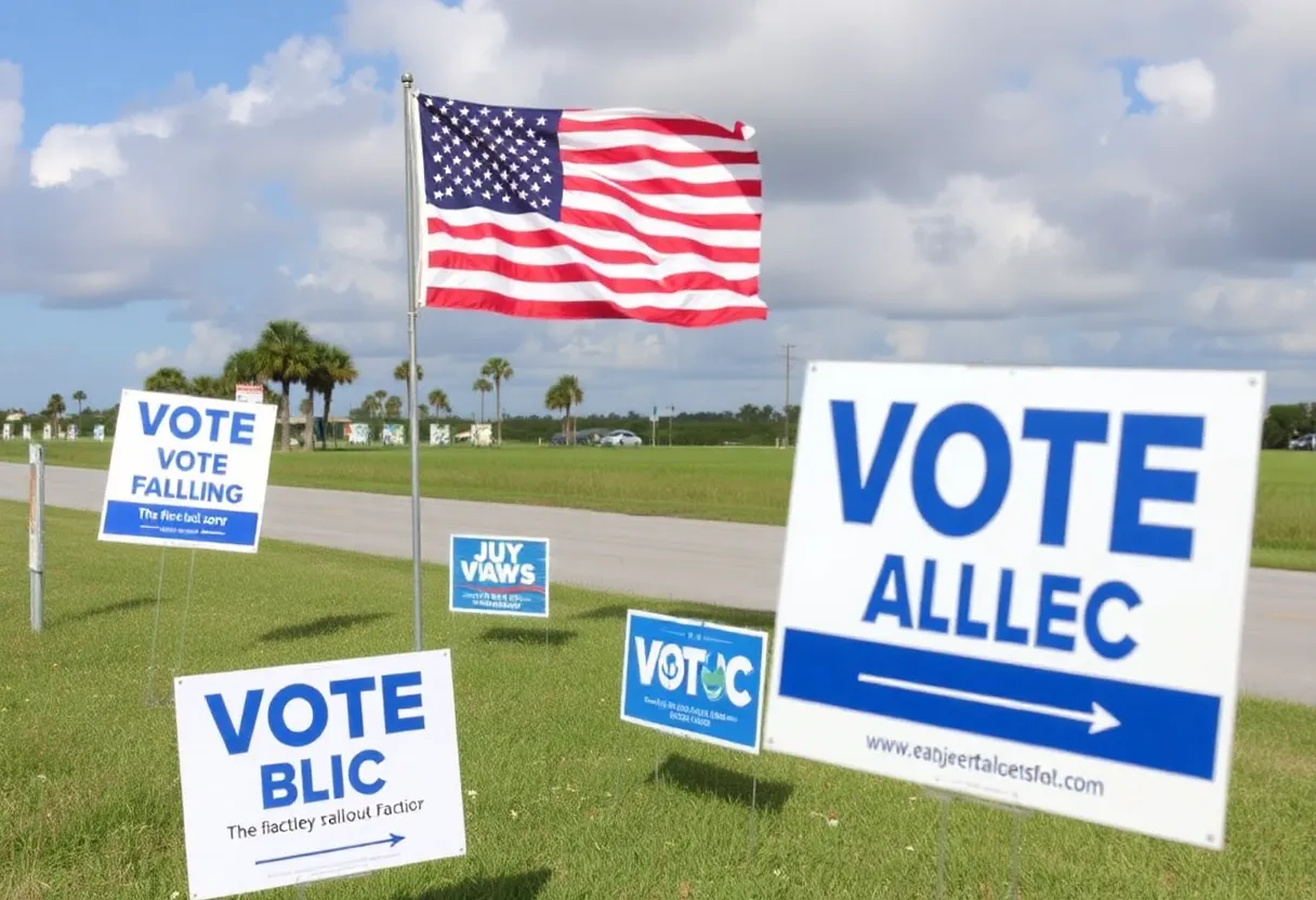 Voting ballots and campaign signs in Florida landscape.