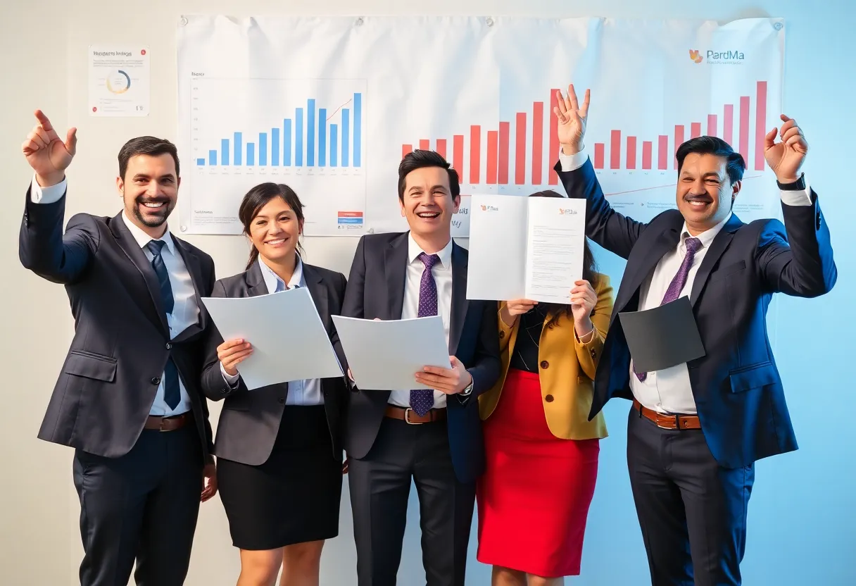 Business people celebrating success with financial documents and charts.