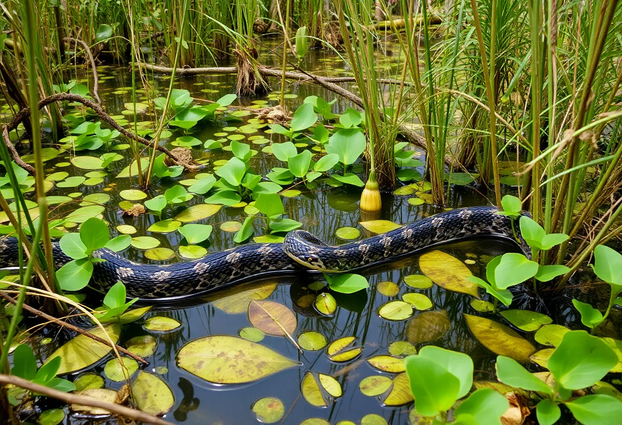 Swamp landscape with invasive python amongst native flora.