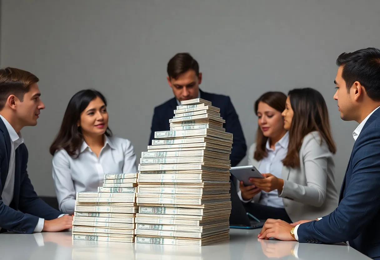 Business people collaborating around a growing stack of money.