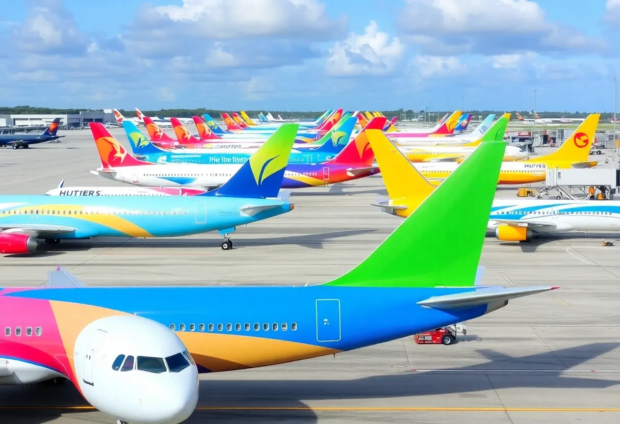 Colorful planes at a busy Florida airport terminal.