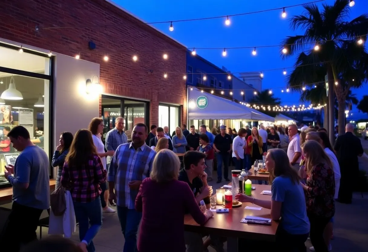 Community gathering supporting local businesses post-hurricane recovery.