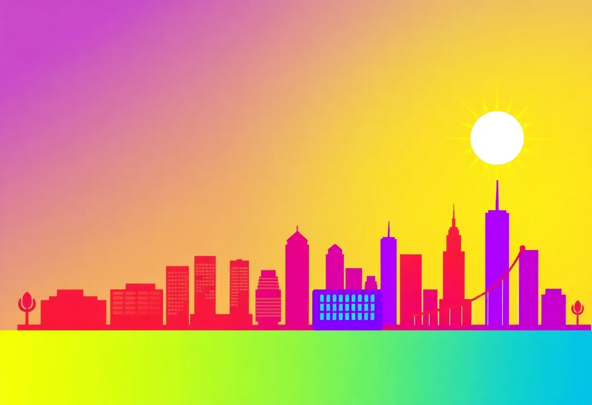 Vibrant skyline featuring sun and business growth symbols.