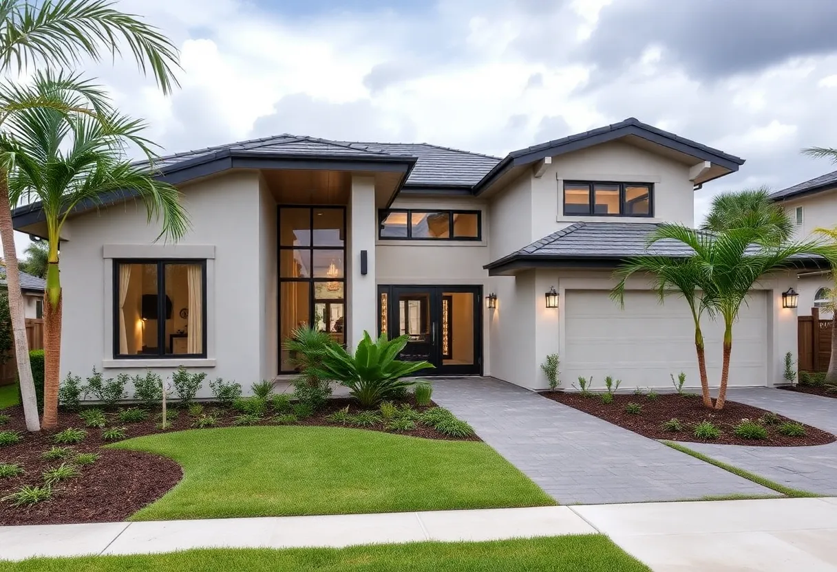 Modern hurricane-resistant home with storm-resistant features and landscaping.