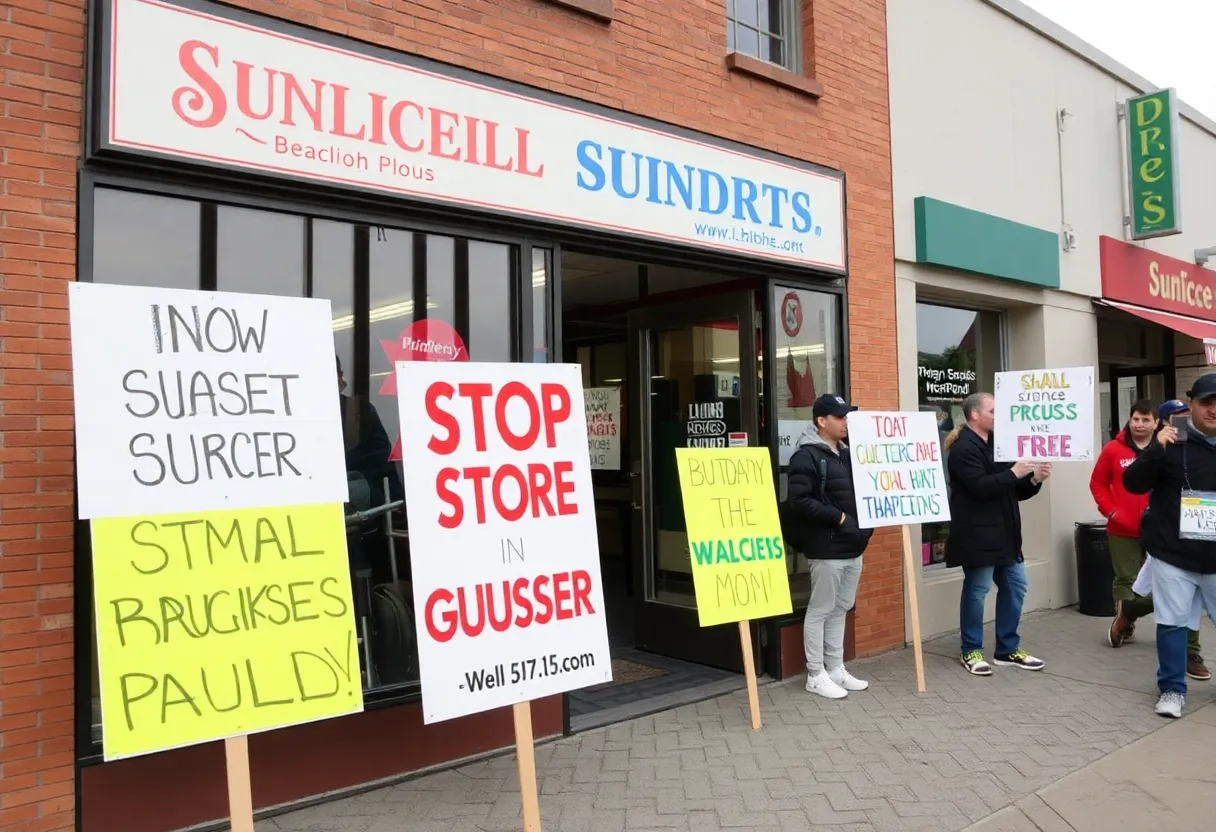 Protest signs in front of small business storefronts.