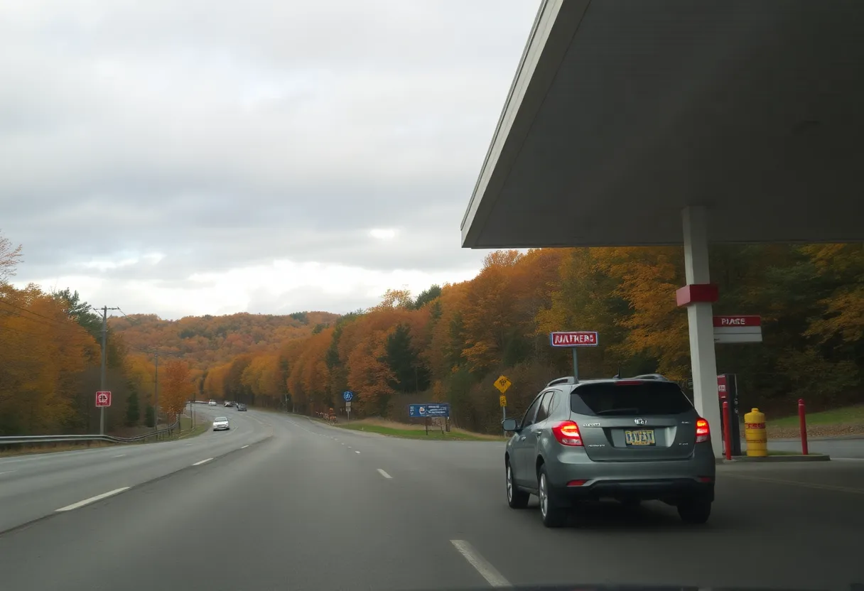 Thanksgiving road trip with gas station and autumn scenery.