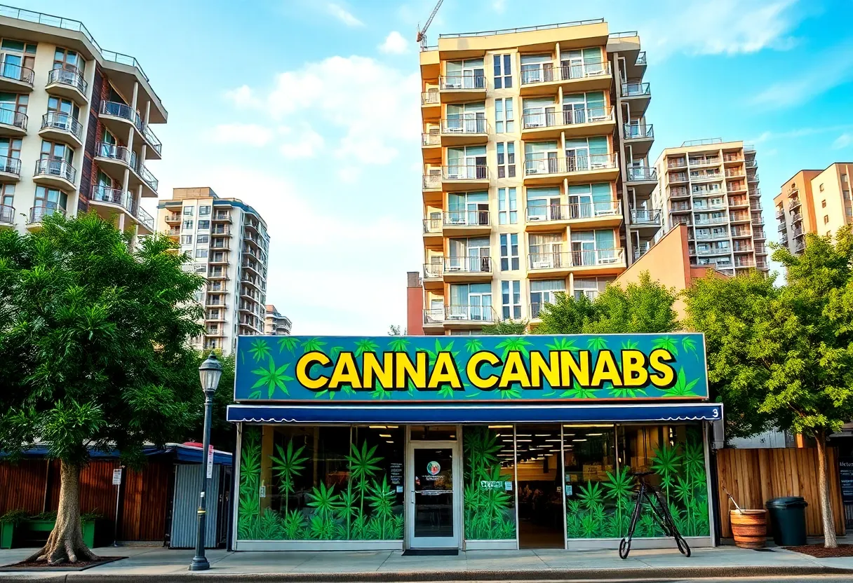 Vibrant cannabis storefront amidst urban development backdrop.