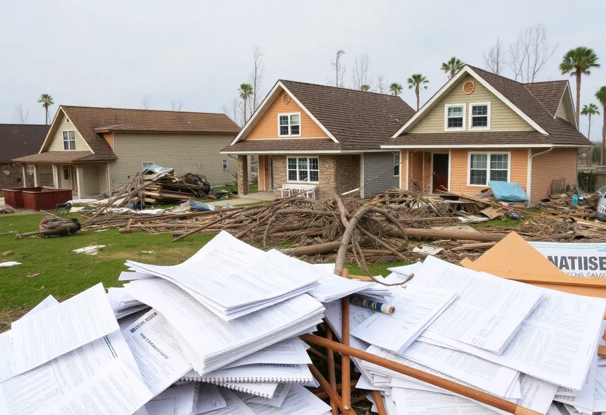 Devastated homes with insurance paperwork and storm debris.