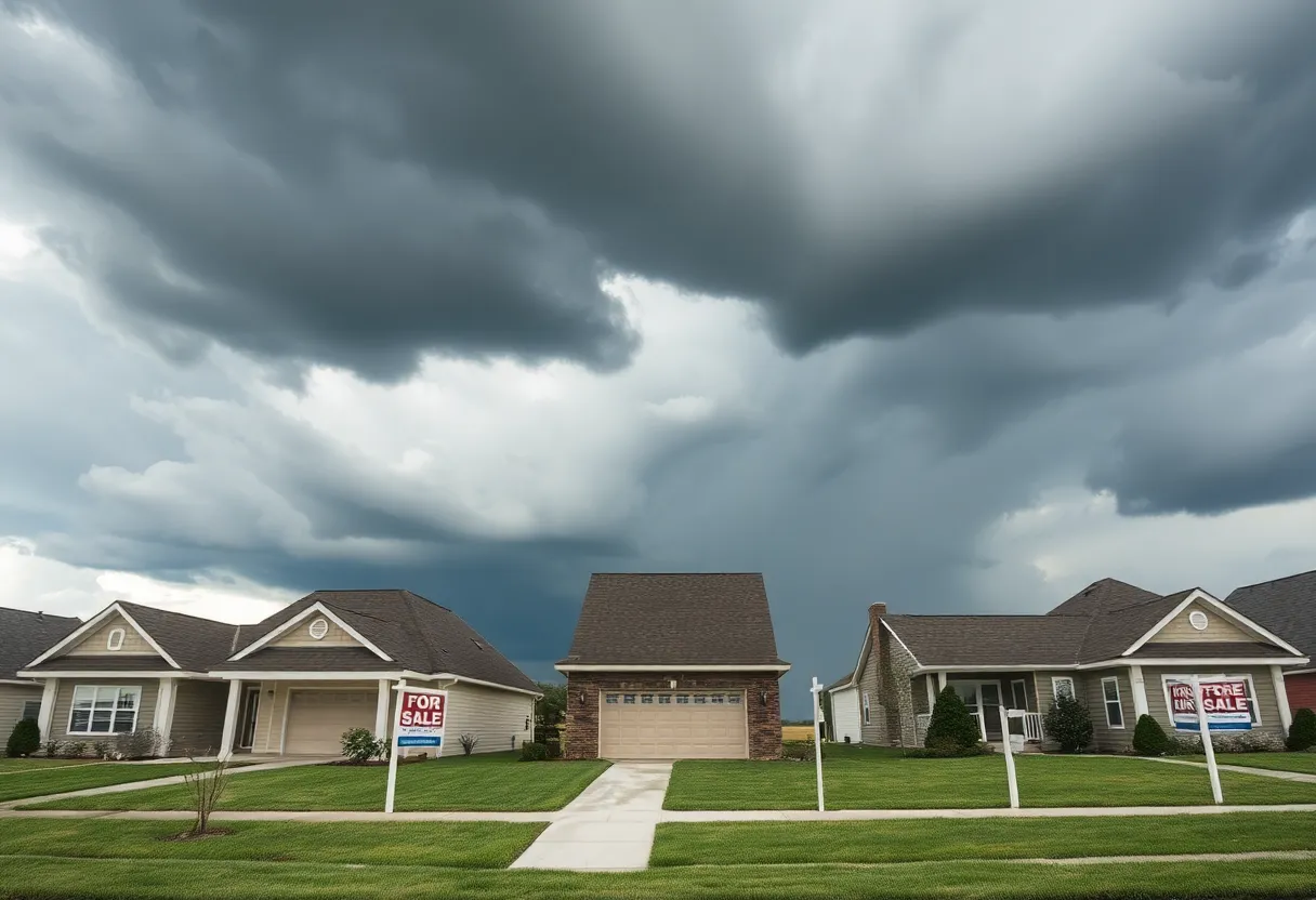 Empty homes with "For Sale" signs and storm clouds.