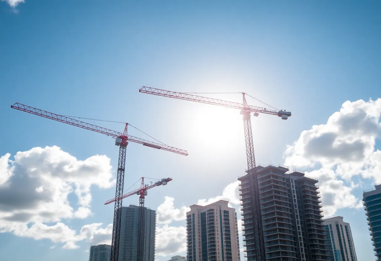 Construction cranes with skyline in bright South Florida sunlight.