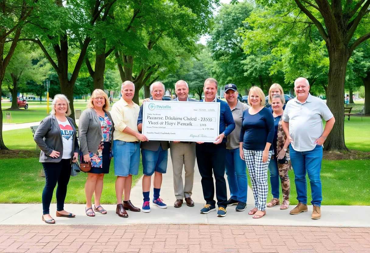 Community members celebrating a large donation in a park.