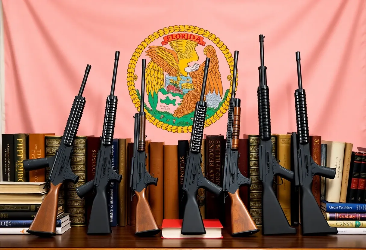 Guns displayed in legal books with Florida flag backdrop.