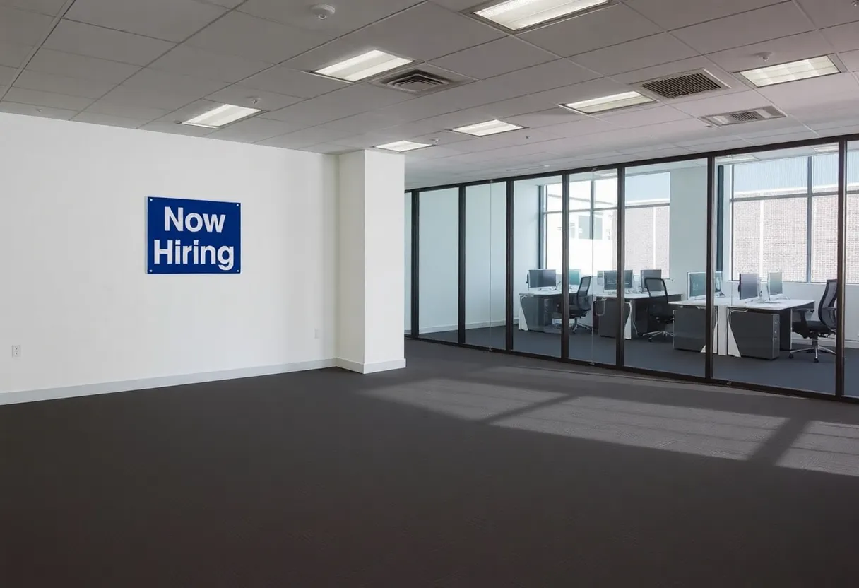 Empty office space with "Now Hiring" sign visible.