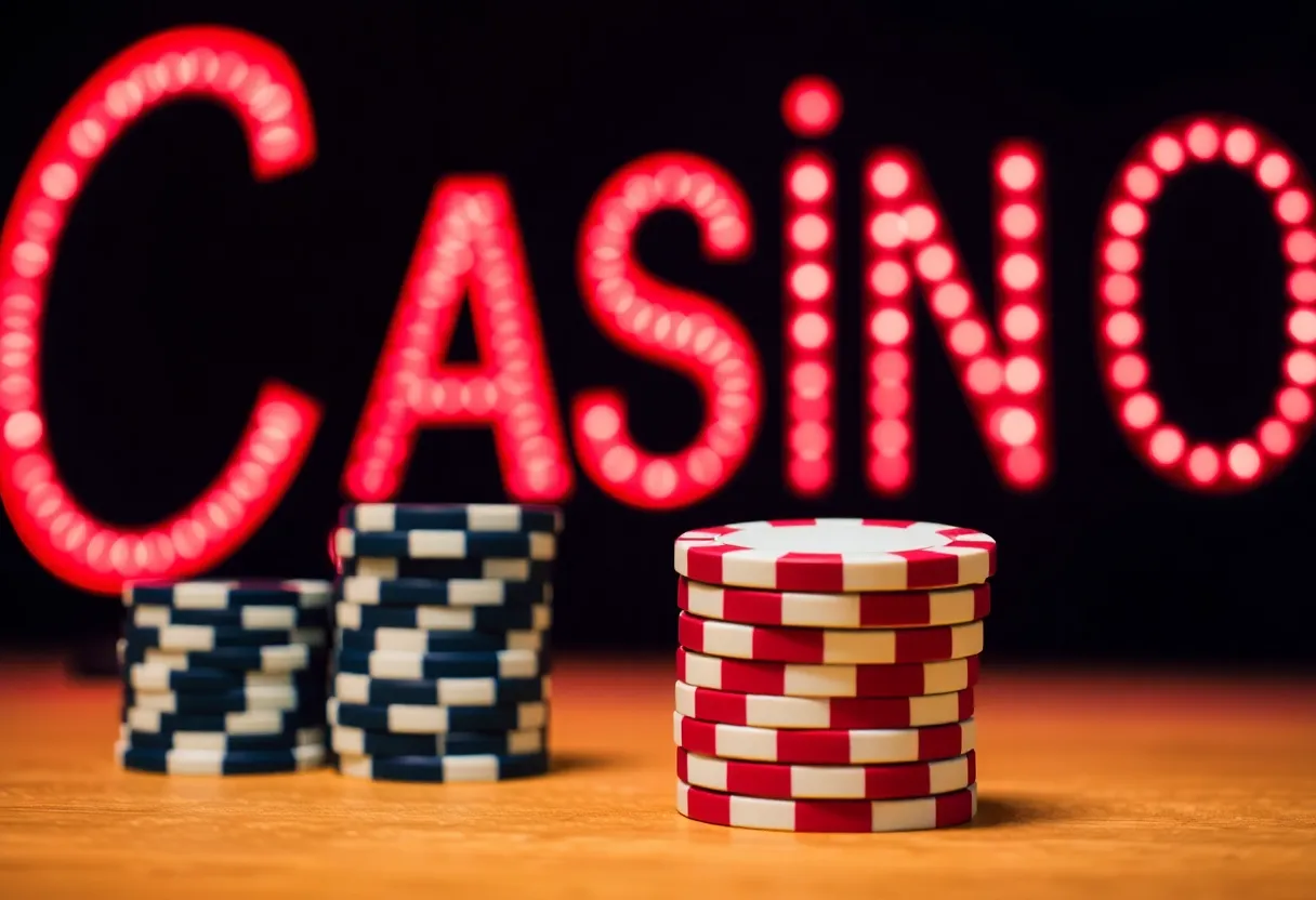 Stacked poker chips beside a neon casino sign.