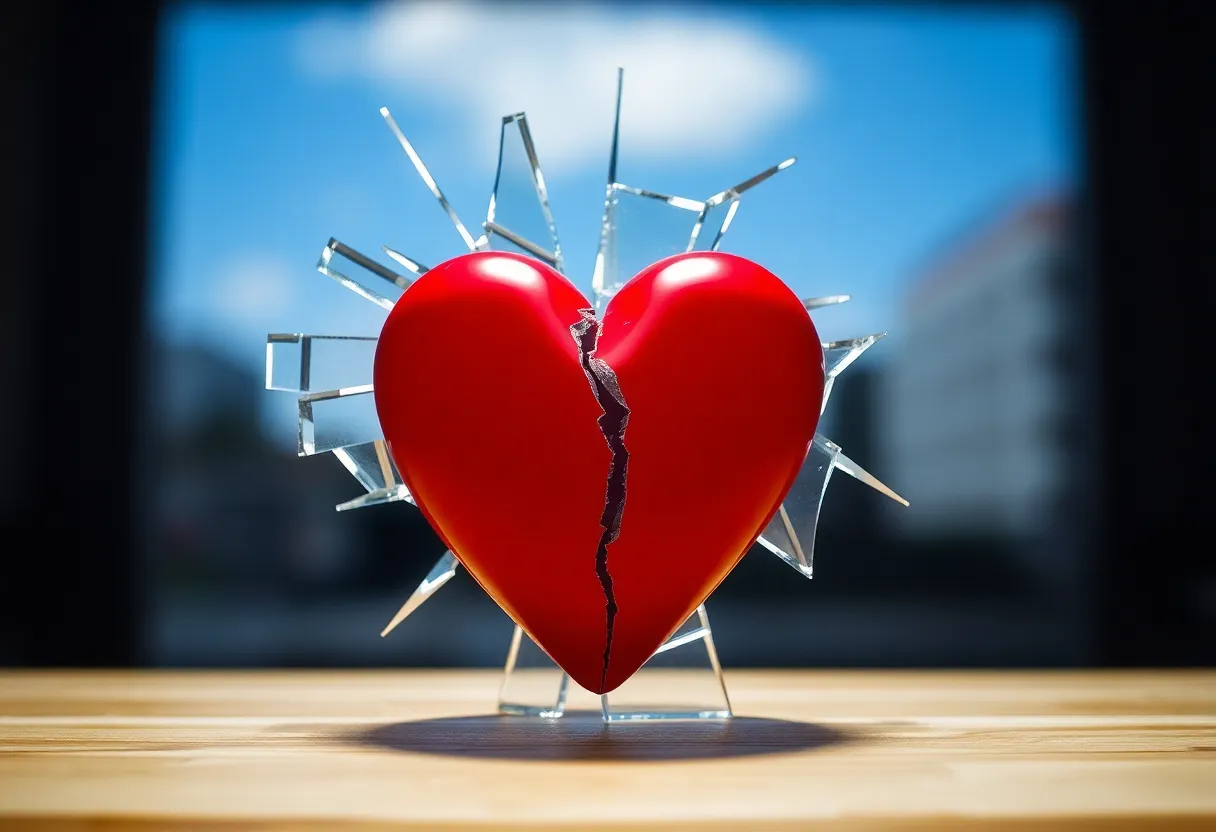 A broken heart symbol with shattered glass reflections.