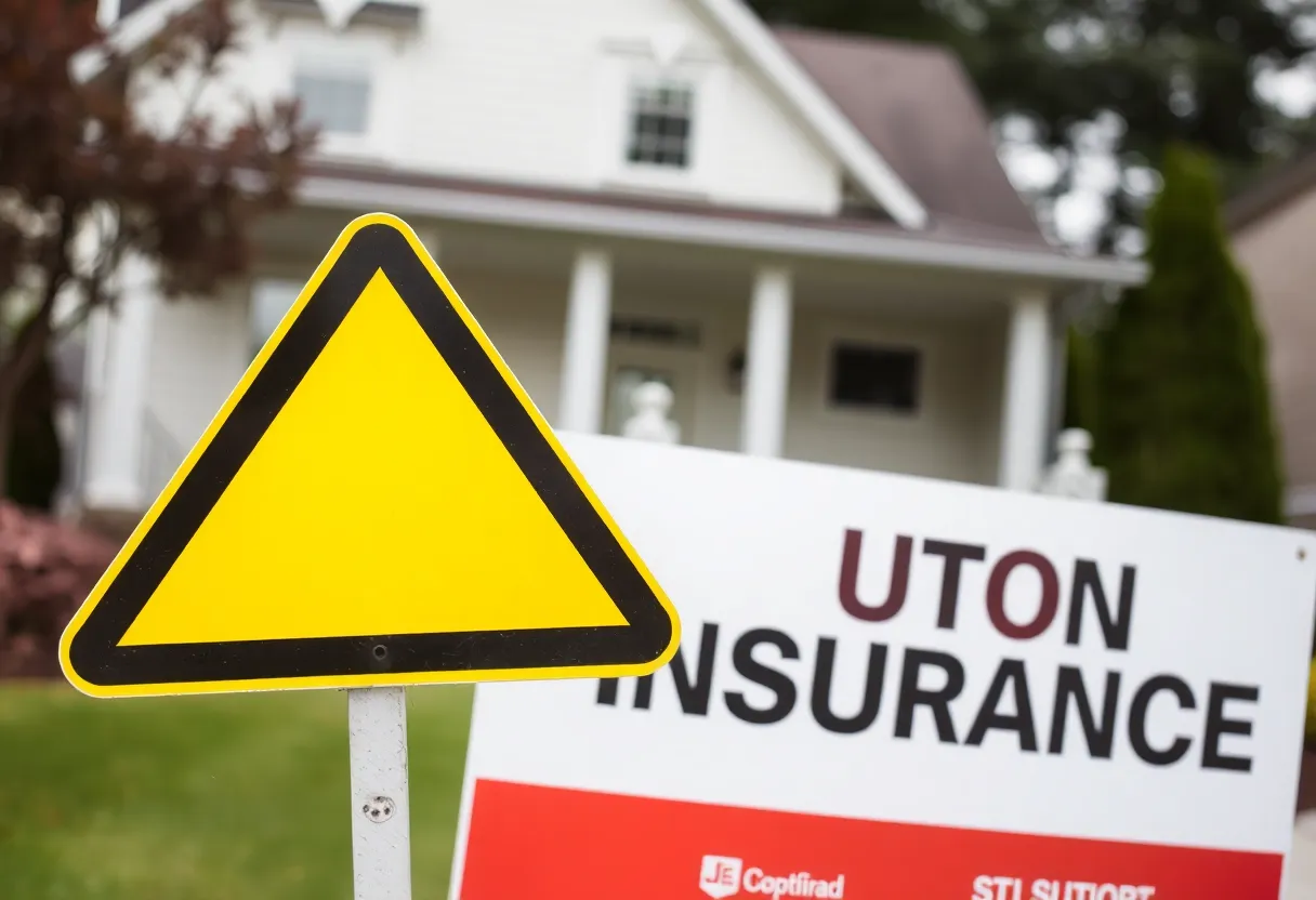 A caution sign in front of a house insurance policy.