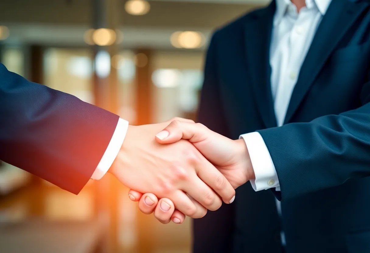 Business handshake symbolizing partnership and growth in finance.