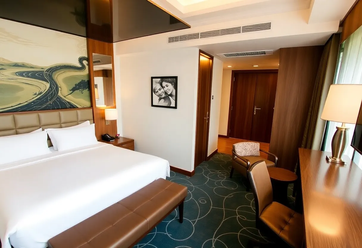 Luxurious hotel suite with modern amenities and welcoming decor.