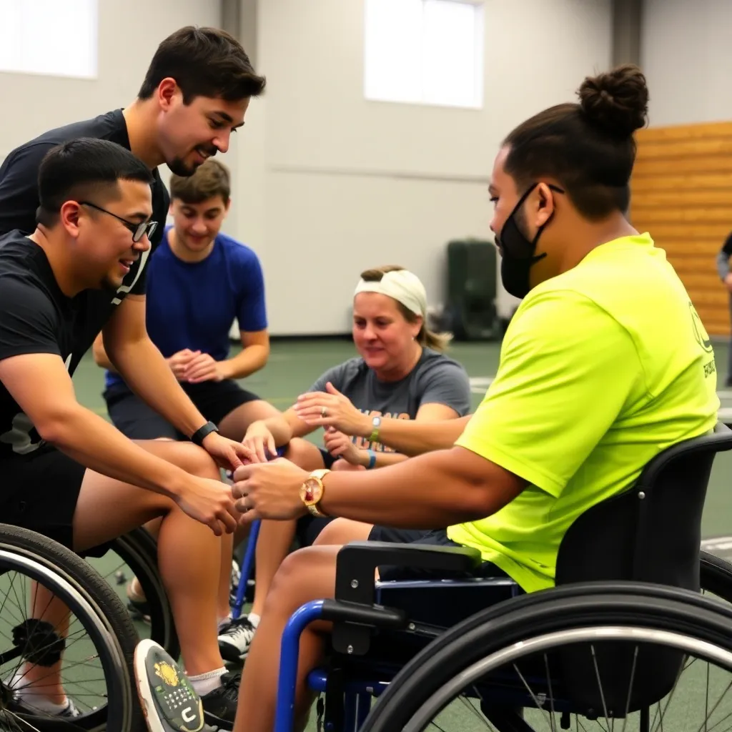Diverse athletes collaborating in adaptive sports training session.
