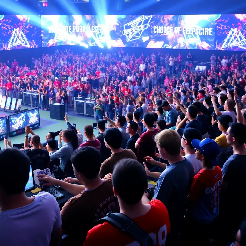 Dynamic esports tournament scene with enthusiastic spectators.