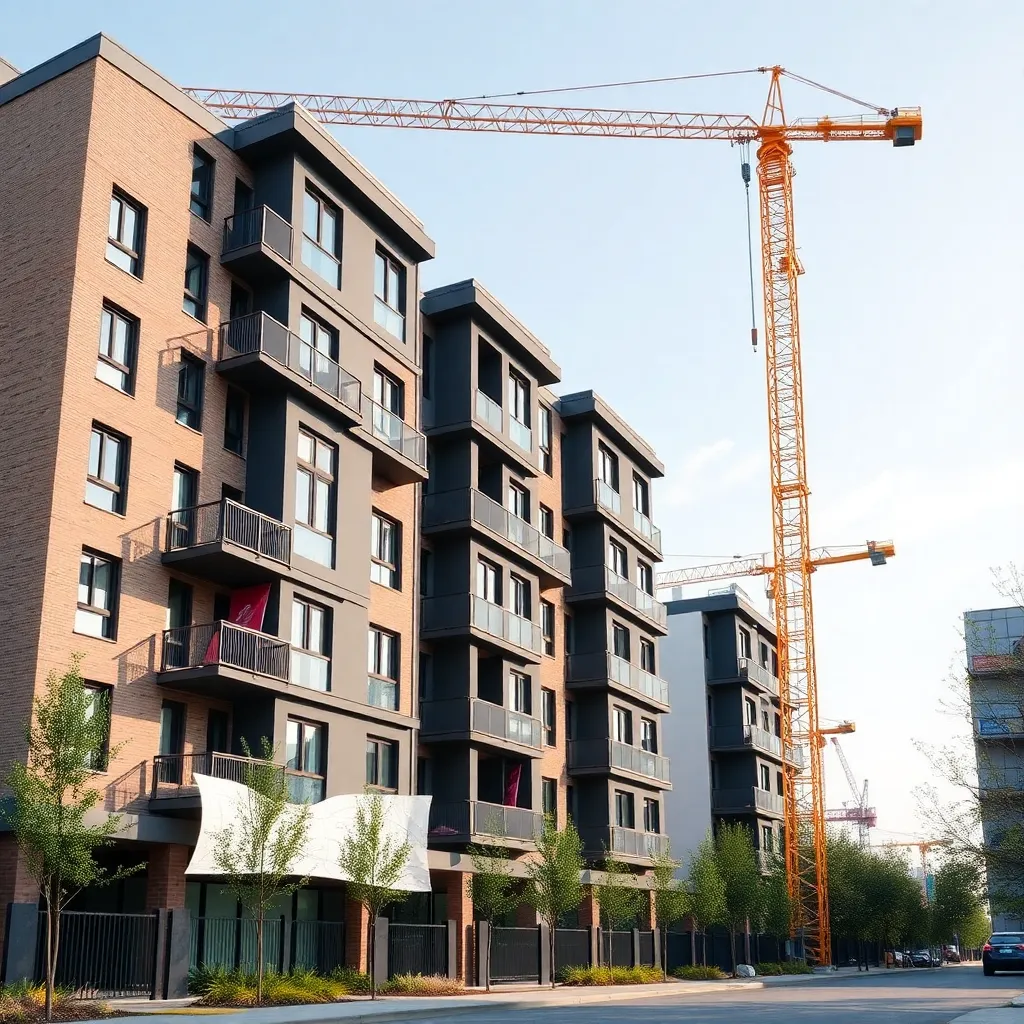 Modern student housing development with construction cranes and blueprints.
