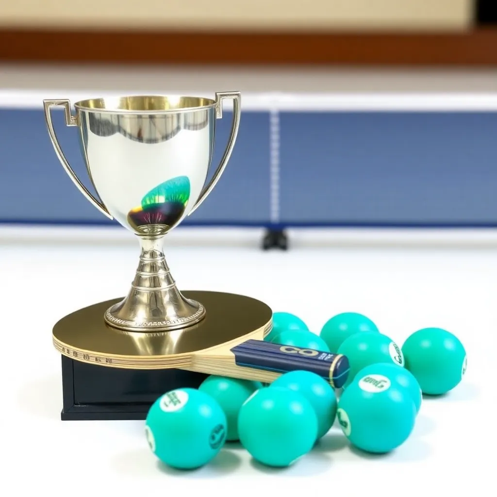 Championship trophy alongside table tennis paddles and balls.