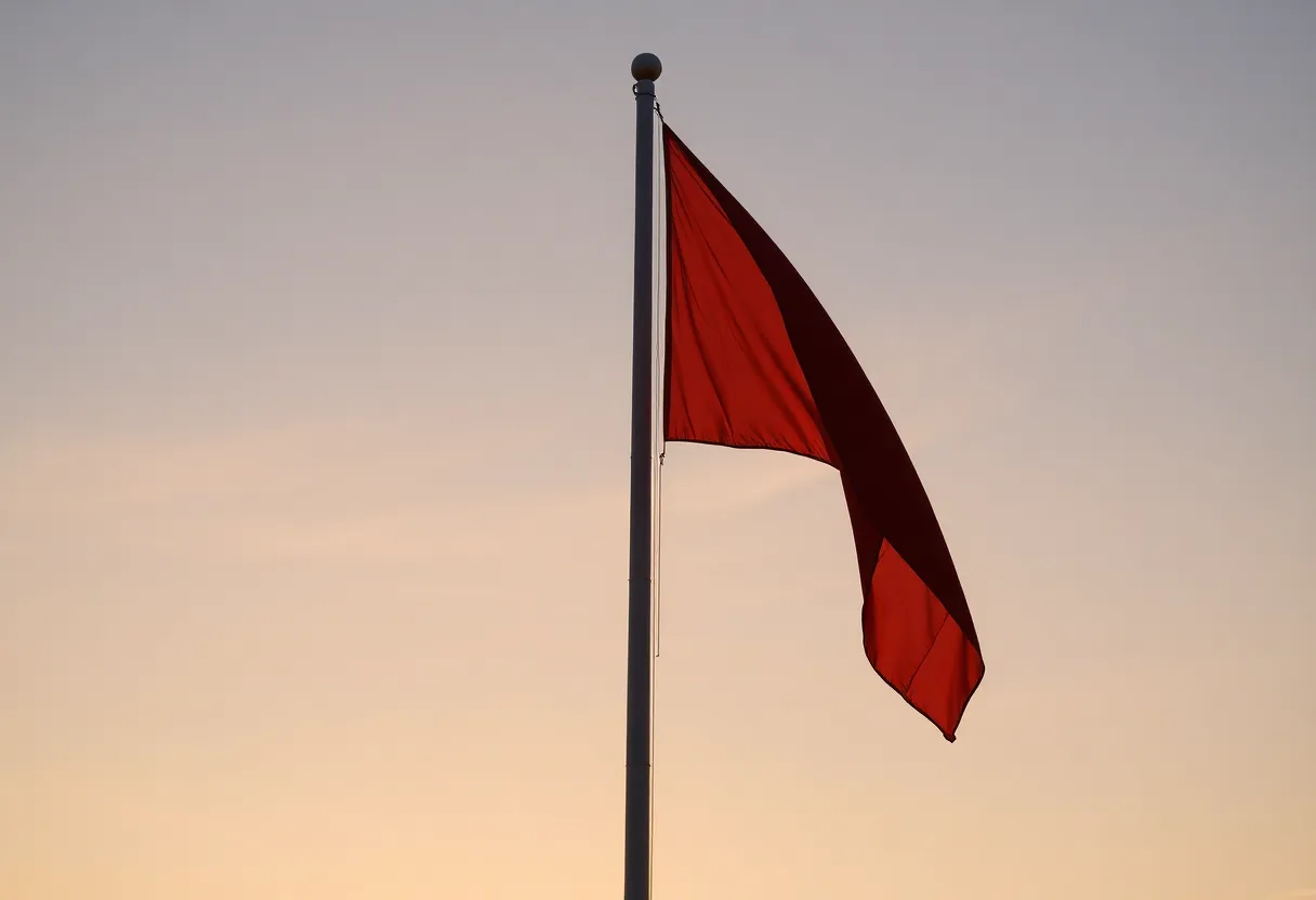 Flag at half-staff against a serene sunset backdrop.