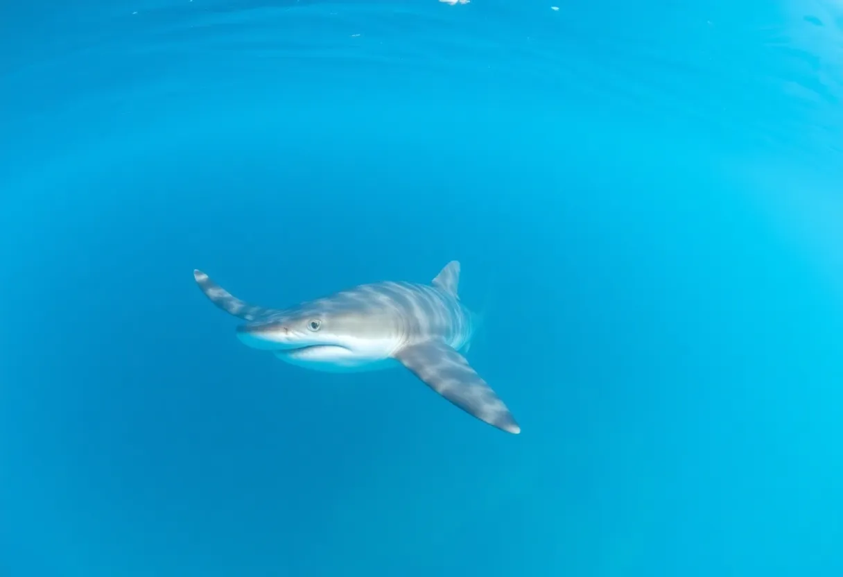 Majestic hammerhead shark gliding through serene turquoise waters.