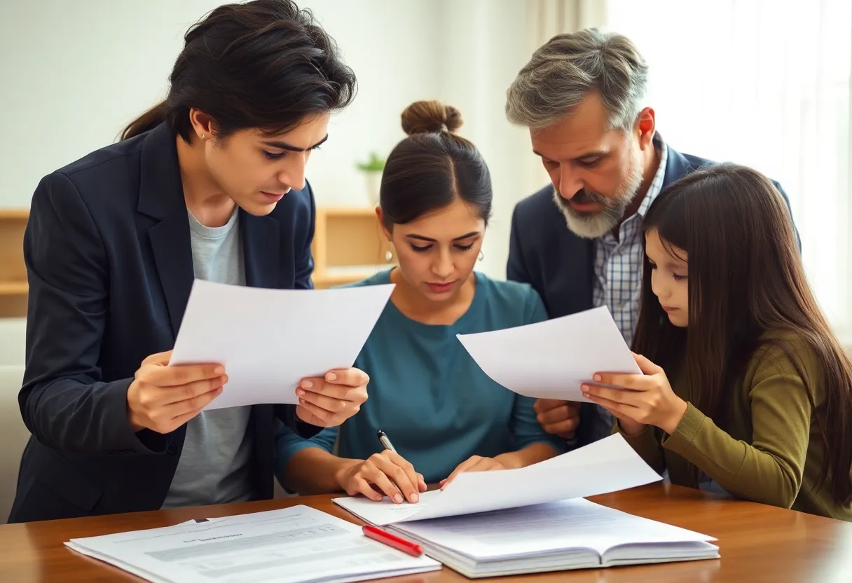 Healthcare policy documents with worried families in background.