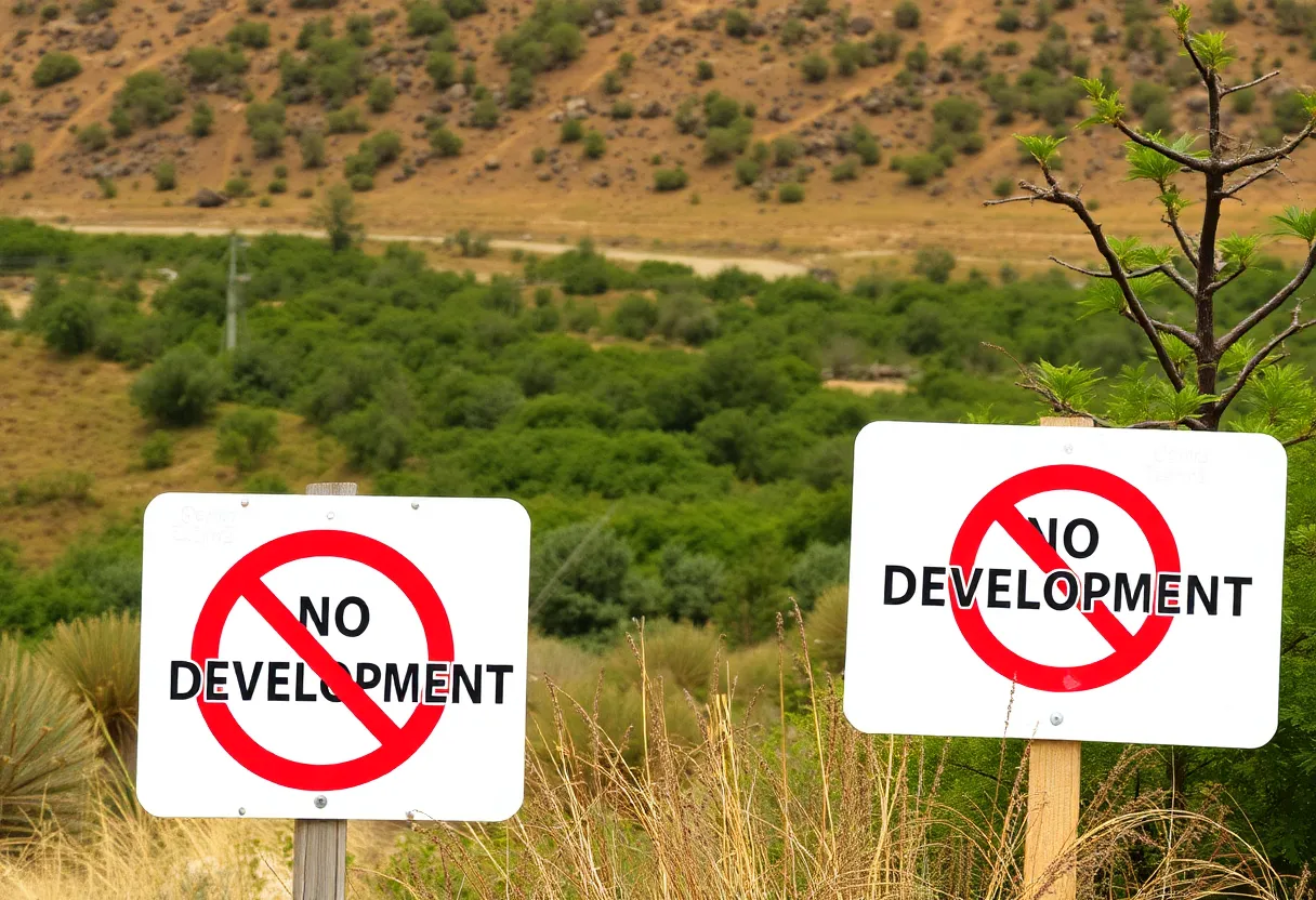 Nature landscape with "No Development" signs in foreground.