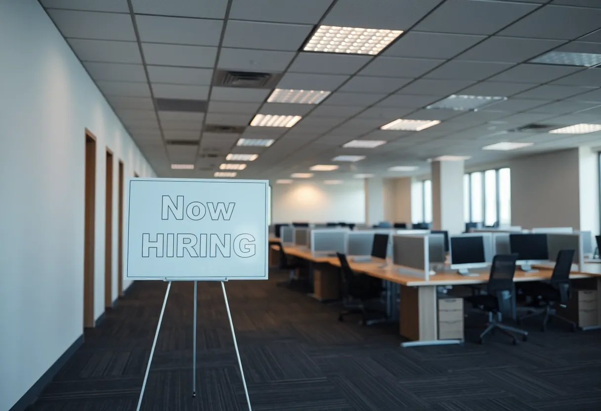 Empty office space with "Now Hiring" sign prominently displayed.