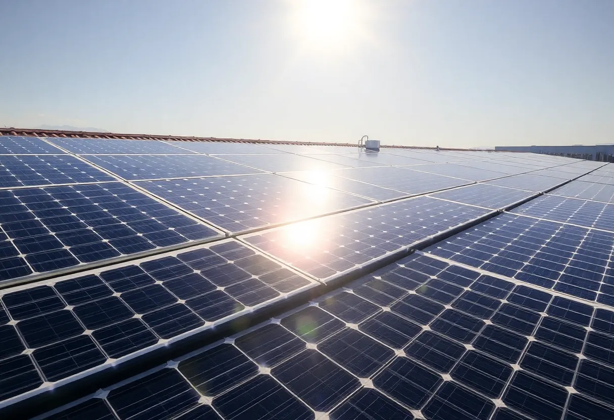 Vibrant solar panels reflecting sunlight on a sunny rooftop.