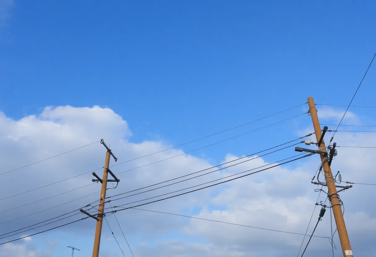 Power lines restored after storm with clear skies above.
