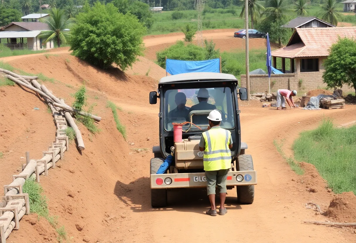 Rural infrastructure development with construction equipment and workers.