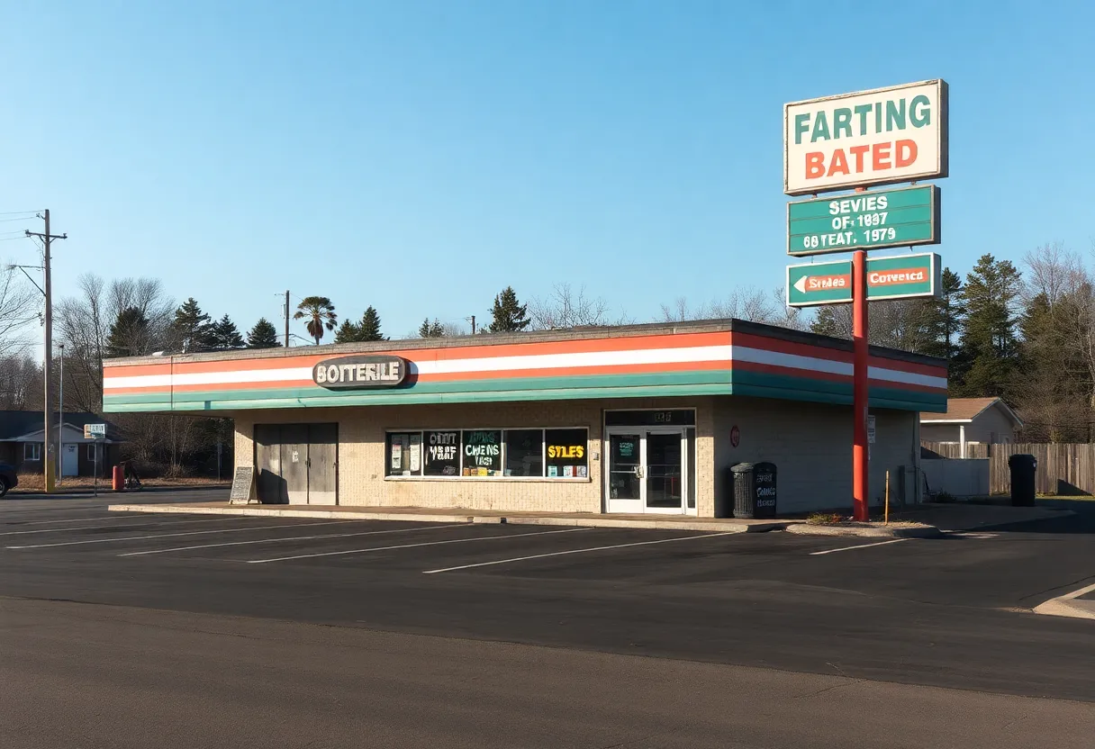 Abandoned convenience store with fading signage and empty parking lot.