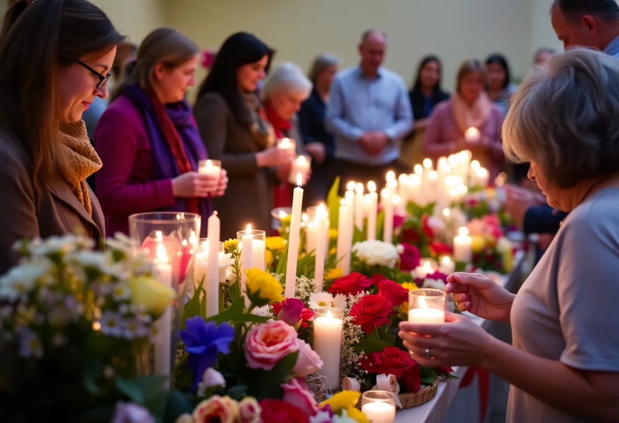 Community gathering in remembrance, candles and flowers.