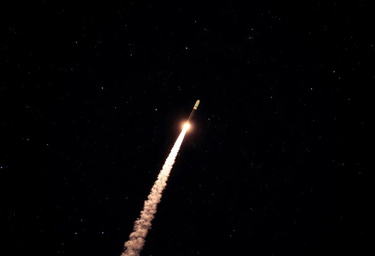 Satellite constellation launching against a starry sky backdrop.
