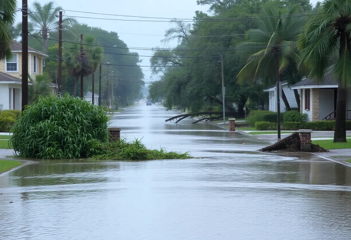 Flooded streets with debris and downed trees in Florida.
