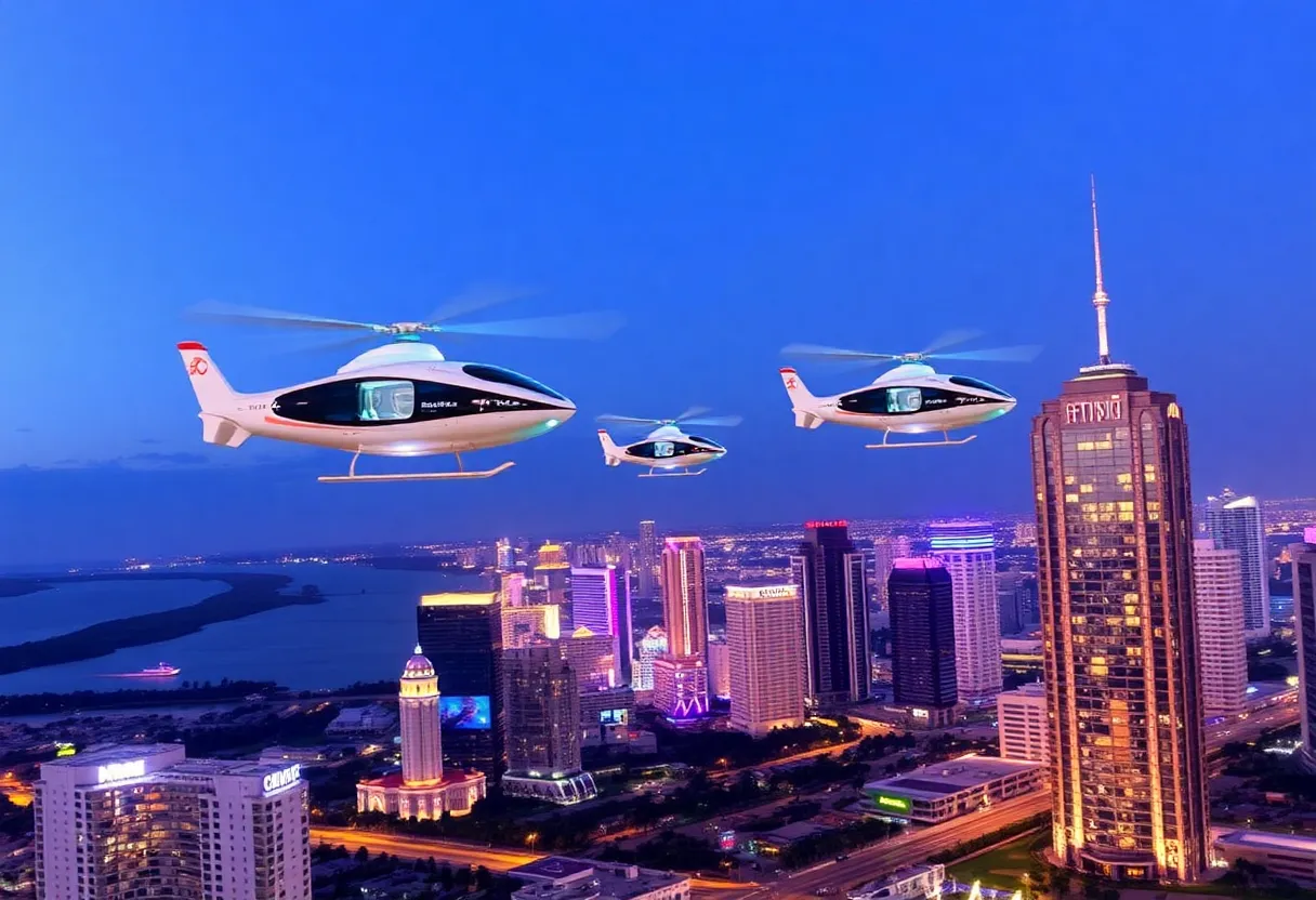 Futuristic air taxis above a vibrant Florida skyline.