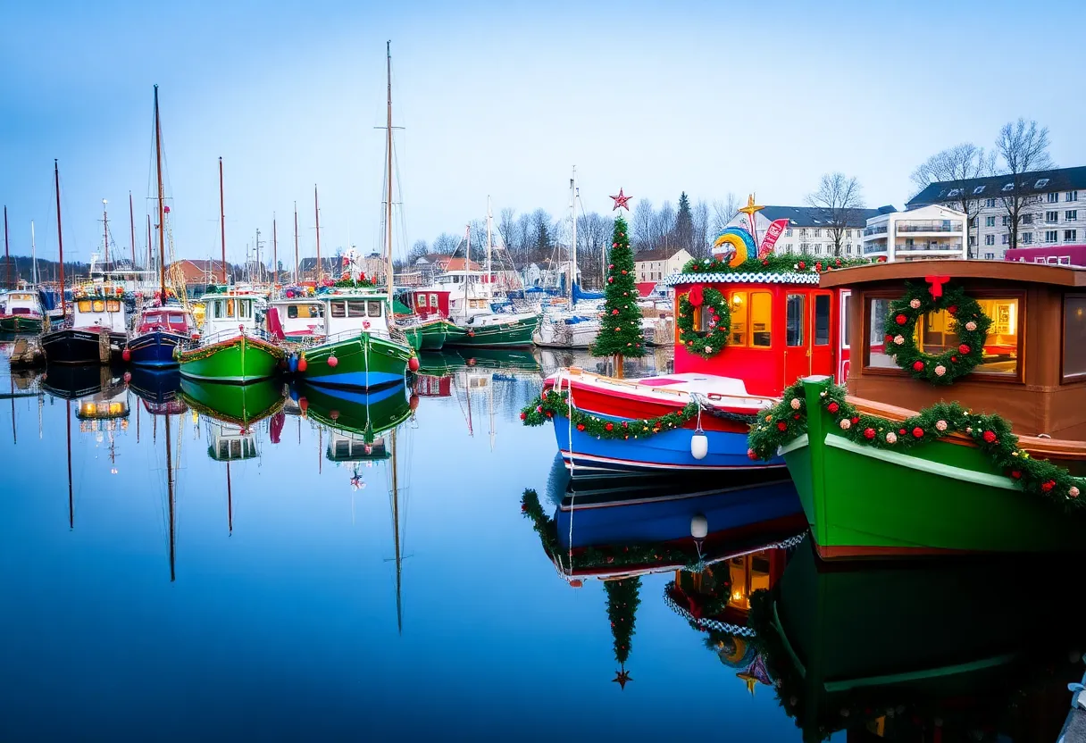 Colorful boats decorated for Christmas on a calm waterfront.